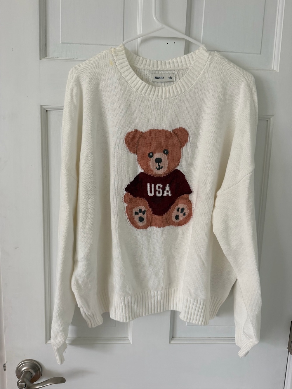 Hollister Cream Crewneck Sweater with Teddy Bear Motif